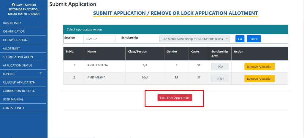 Rajasthan Teachers Web Portal SUBMIT APPLICATION / REMOVE OR LOCK APPLICATION ALLOTMENT