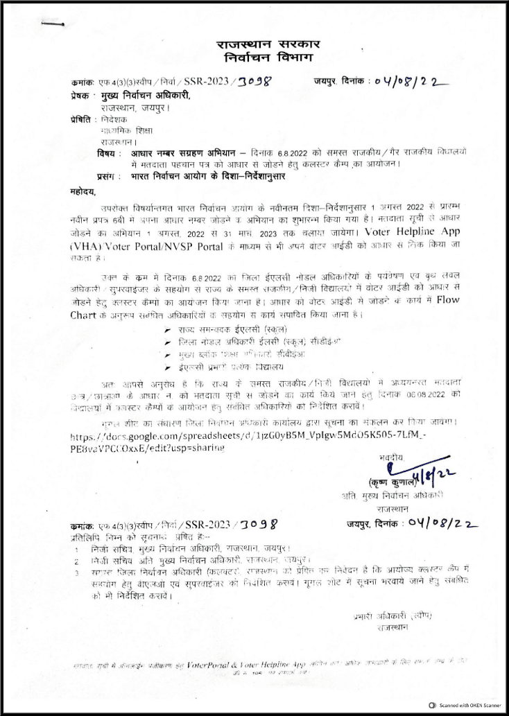 Rajasthan Teachers Web Portal Link Aadhar to Voter ID Card Online