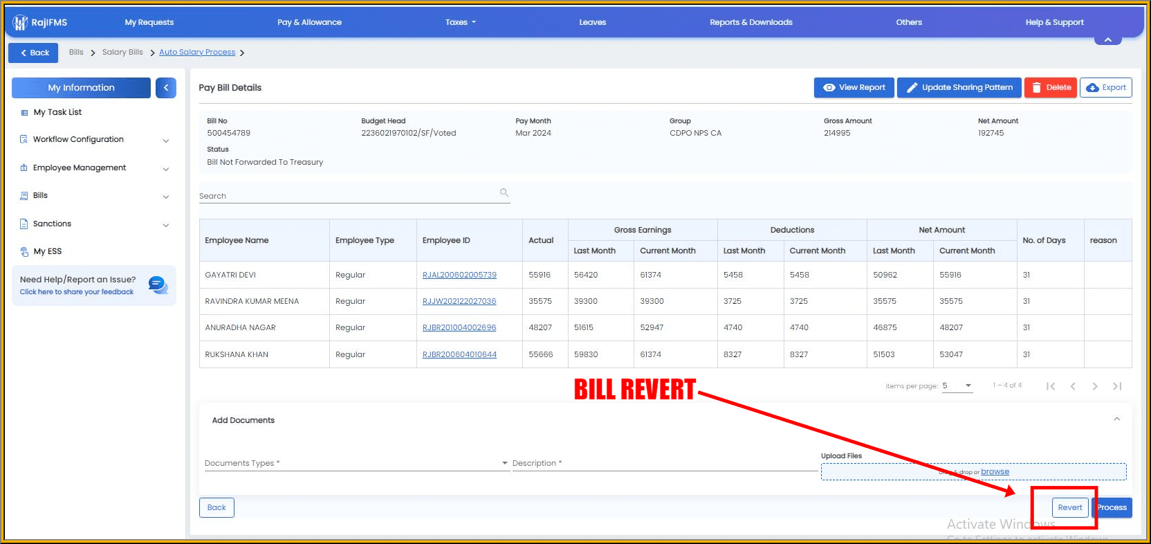Rajasthan Teachers Web Portal BILL REVERT